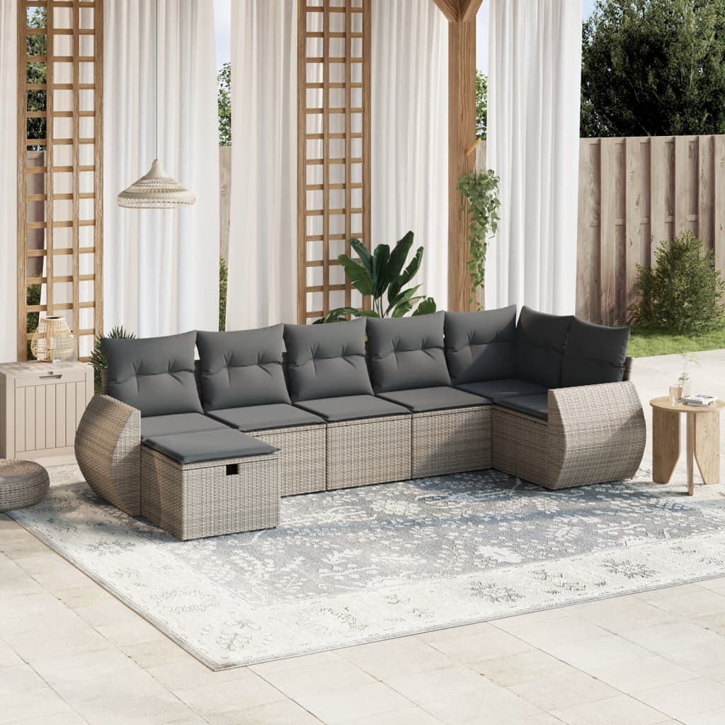 7-tlg. Garten-Sofagarnitur mit Kissen Grau Poly Rattan