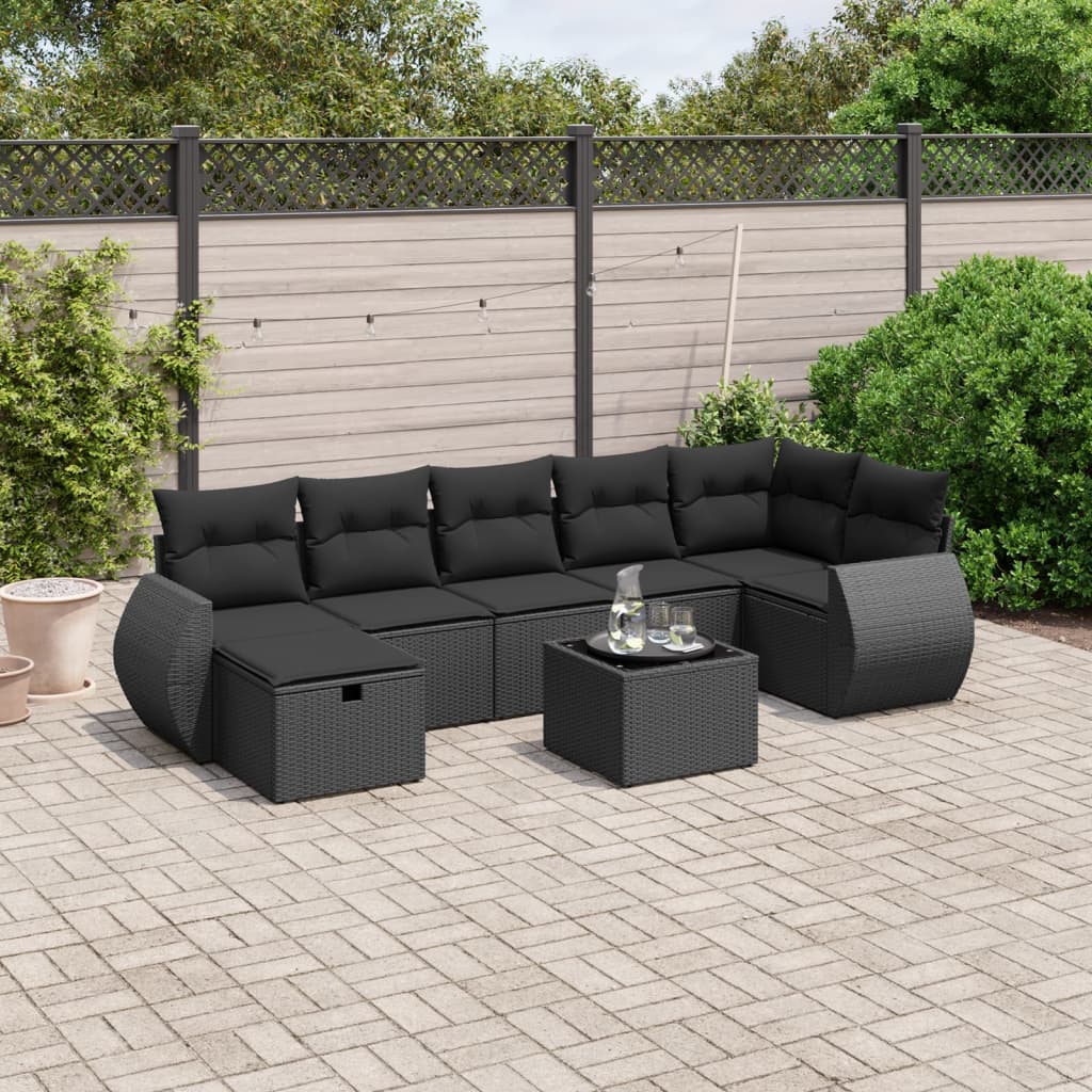 vidaXL 8-tlg. Garten-Sofagarnitur mit Kissen Schwarz Poly Rattan