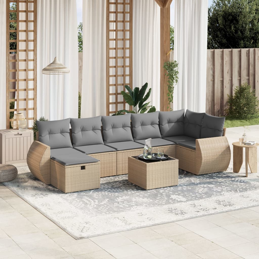 vidaXL 8-tlg. Garten-Sofagarnitur mit Kissen Beige Poly Rattan