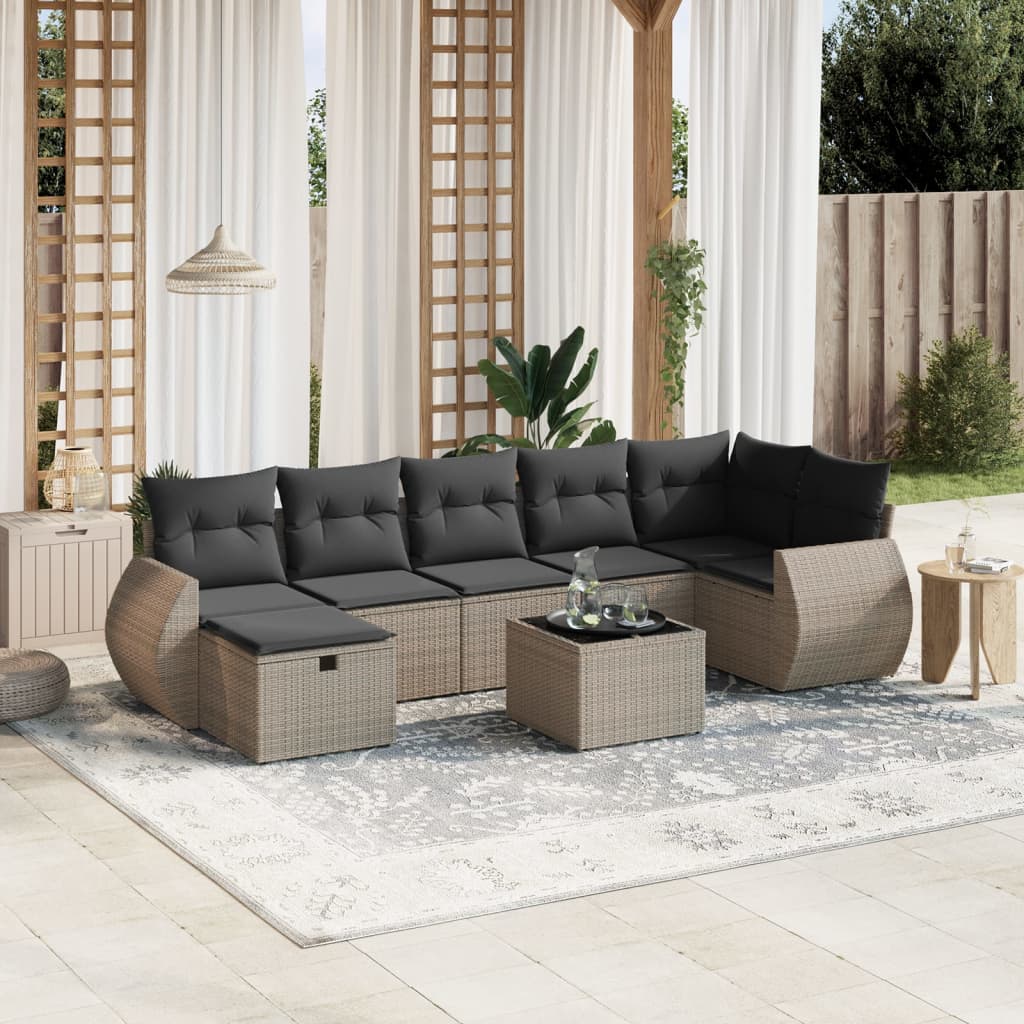 8-tlg. Garten-Sofagarnitur mit Kissen Grau Poly Rattan