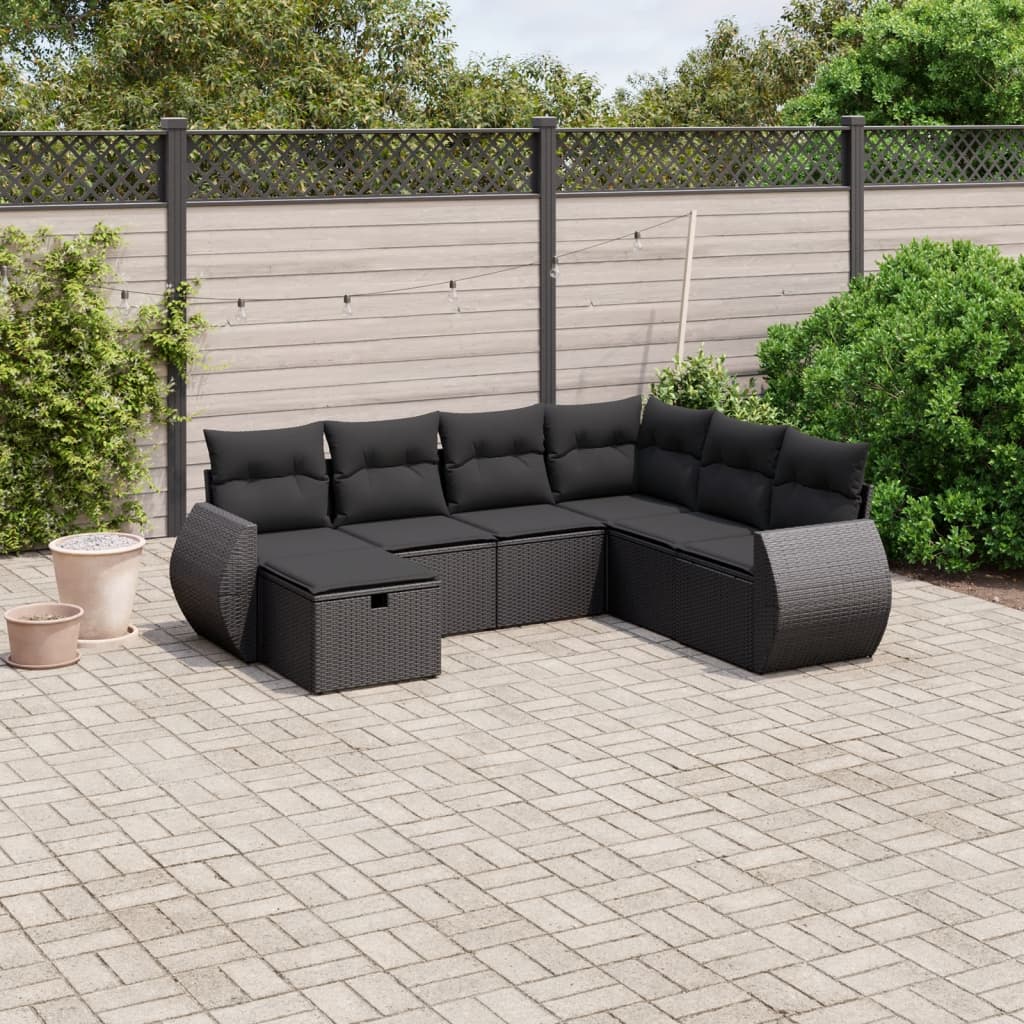 vidaXL 7-tlg. Garten-Sofagarnitur mit Kissen Schwarz Poly Rattan