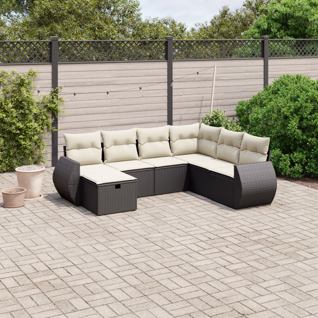 vidaXL 7-tlg. Garten-Sofagarnitur mit Kissen Schwarz Poly Rattan