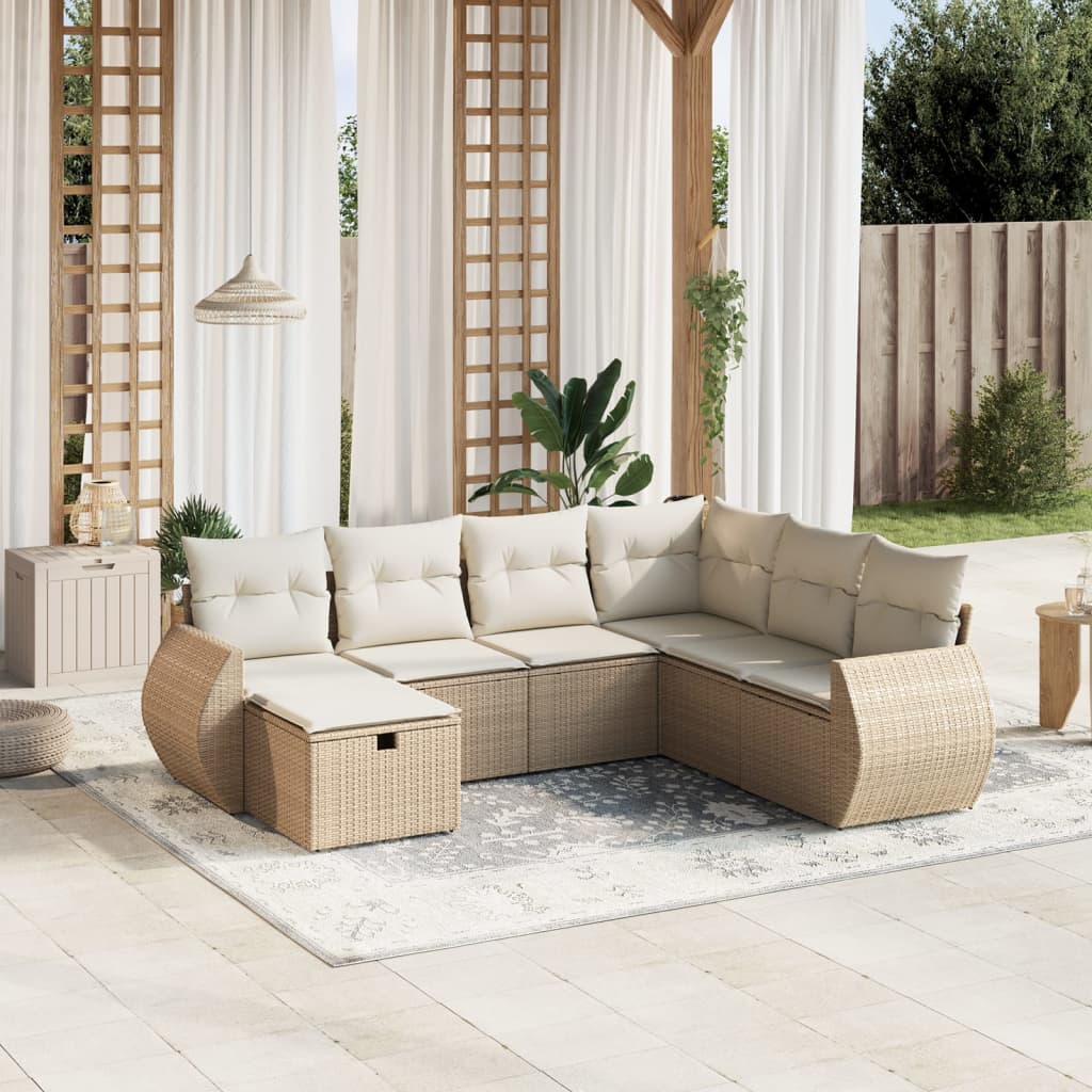 vidaXL 7-tlg. Garten-Sofagarnitur mit Kissen Beige Poly Rattan