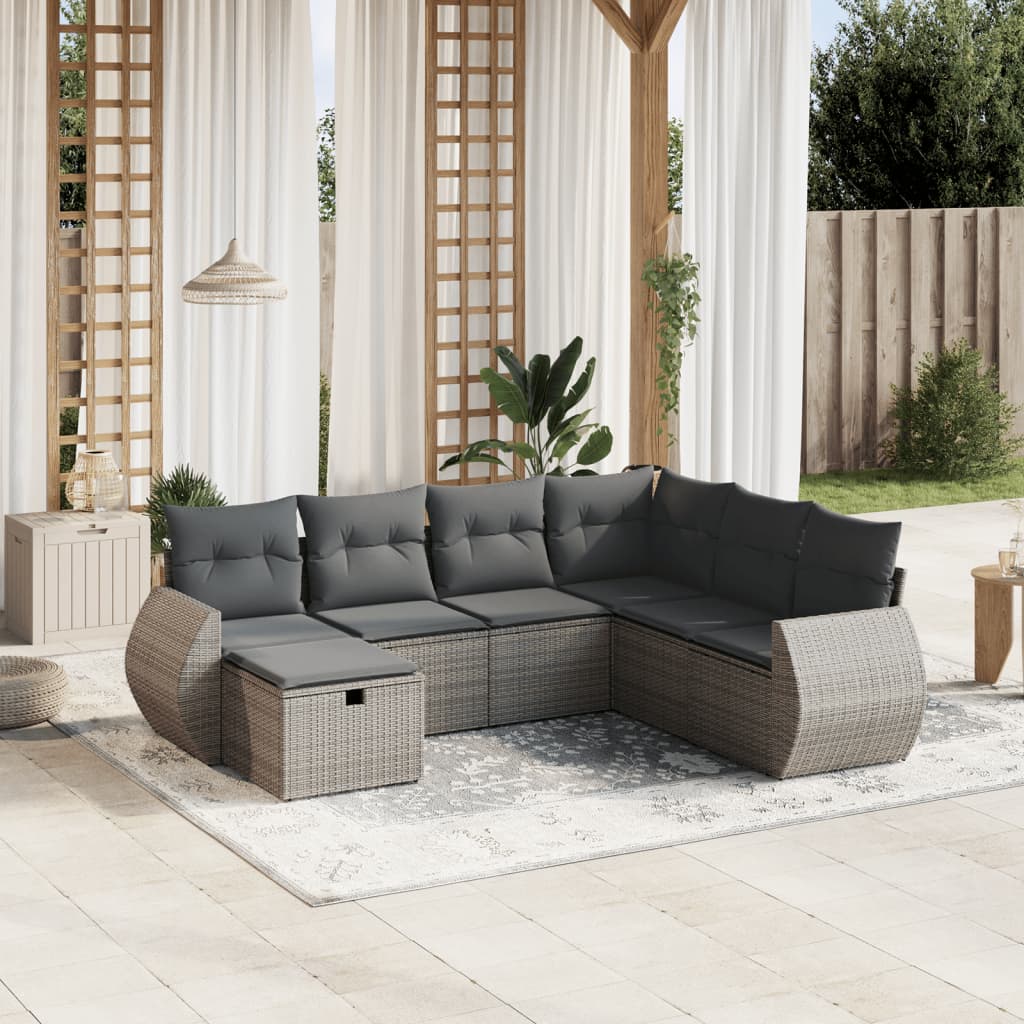 vidaXL 7-tlg. Garten-Sofagarnitur mit Kissen Grau Poly Rattan