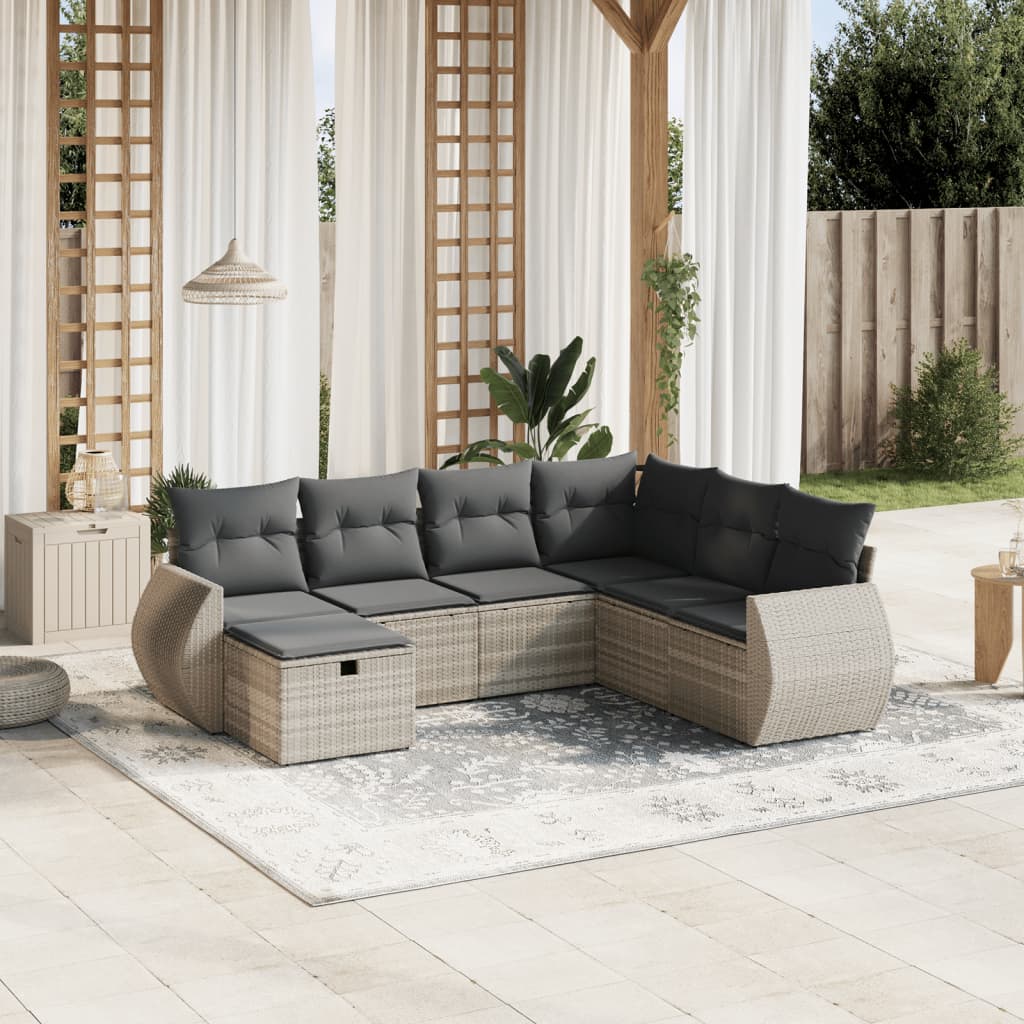 vidaXL 7-tlg. Garten-Sofagarnitur mit Kissen Hellgrau Poly Rattan