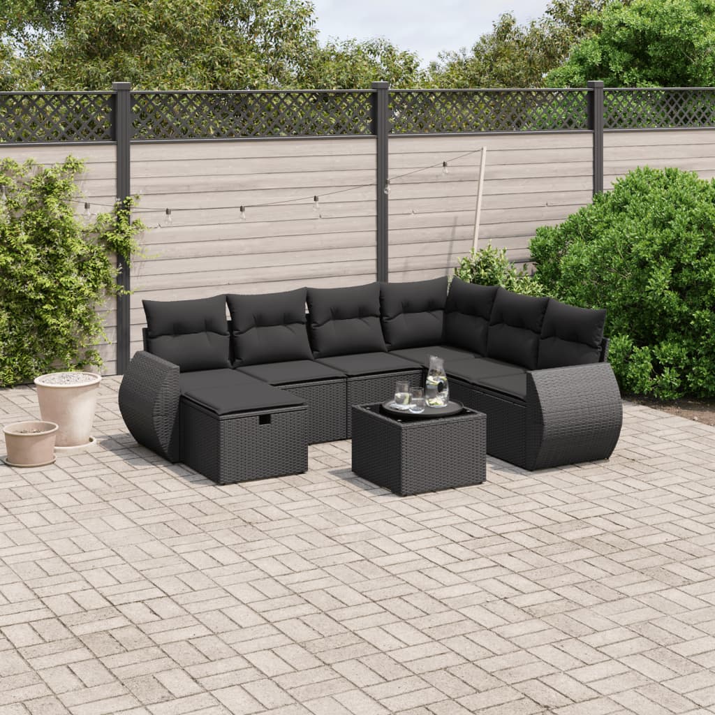 vidaXL 8-tlg. Garten-Sofagarnitur mit Kissen Schwarz Poly Rattan