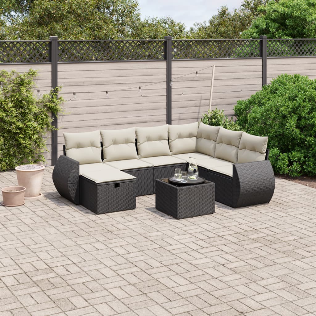 vidaXL 8-tlg. Garten-Sofagarnitur mit Kissen Schwarz Poly Rattan