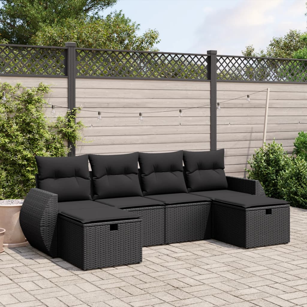 vidaXL 6-tlg. Garten-Sofagarnitur mit Kissen Schwarz Poly Rattan