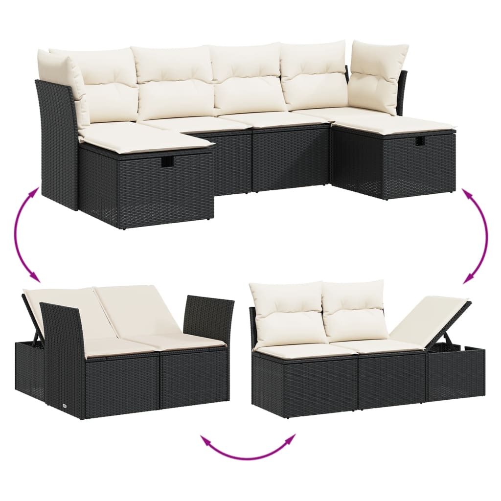 vidaXL 6-delige Loungeset met kussens poly rattan zwart afbeelding