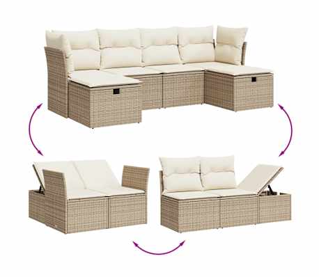 vidaXL 6-tlg. Garten-Sofagarnitur mit Kissen Beige Poly Rattan