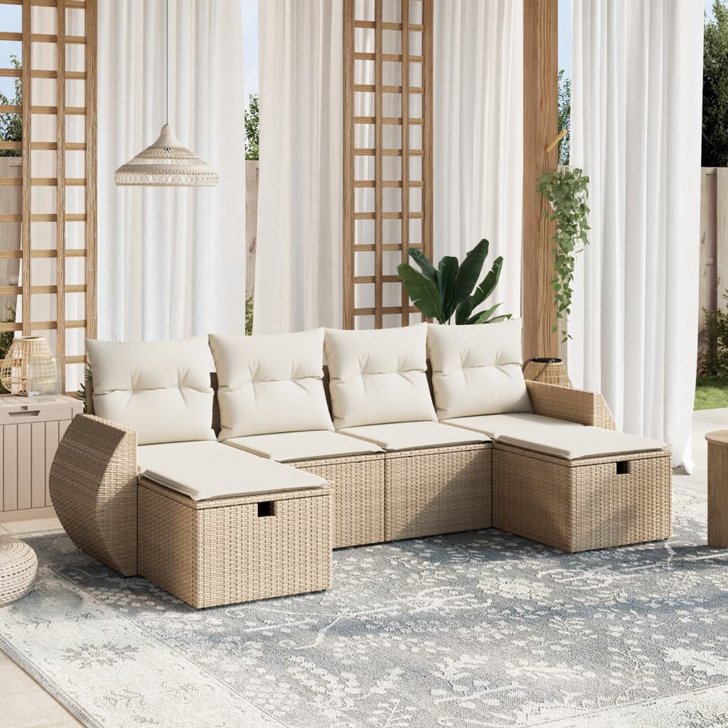 vidaXL 6-tlg. Garten-Sofagarnitur mit Kissen Beige Poly Rattan