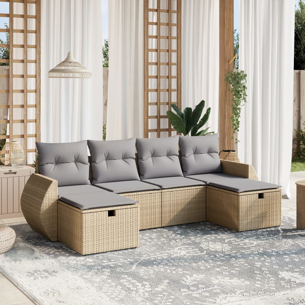 vidaXL 6-tlg. Garten-Sofagarnitur mit Kissen Beige Poly Rattan