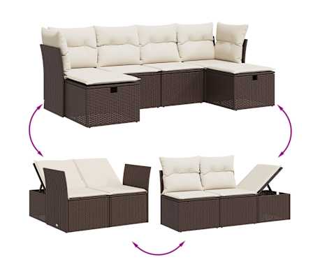 vidaXL 6-tlg. Garten-Sofagarnitur mit Kissen Braun Poly Rattan