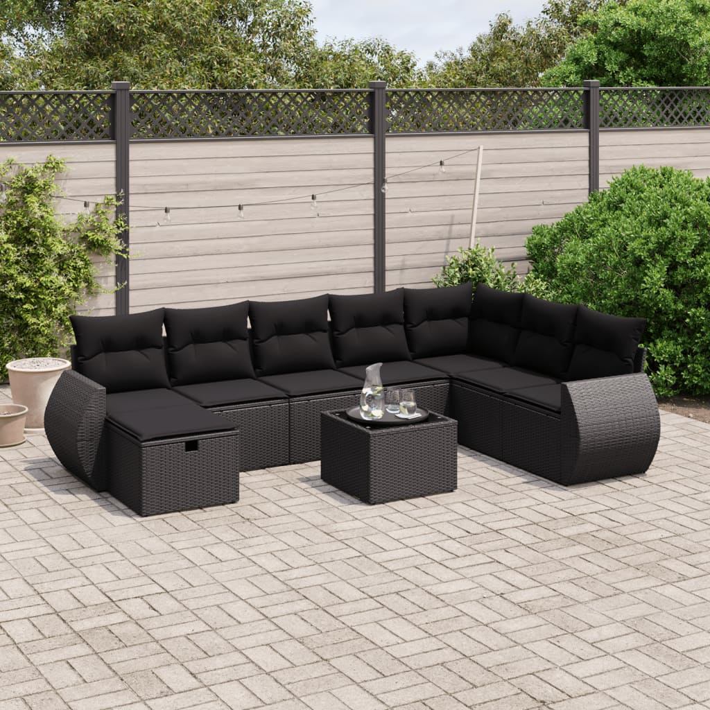 vidaXL 9-tlg. Garten-Sofagarnitur mit Kissen Schwarz Poly Rattan