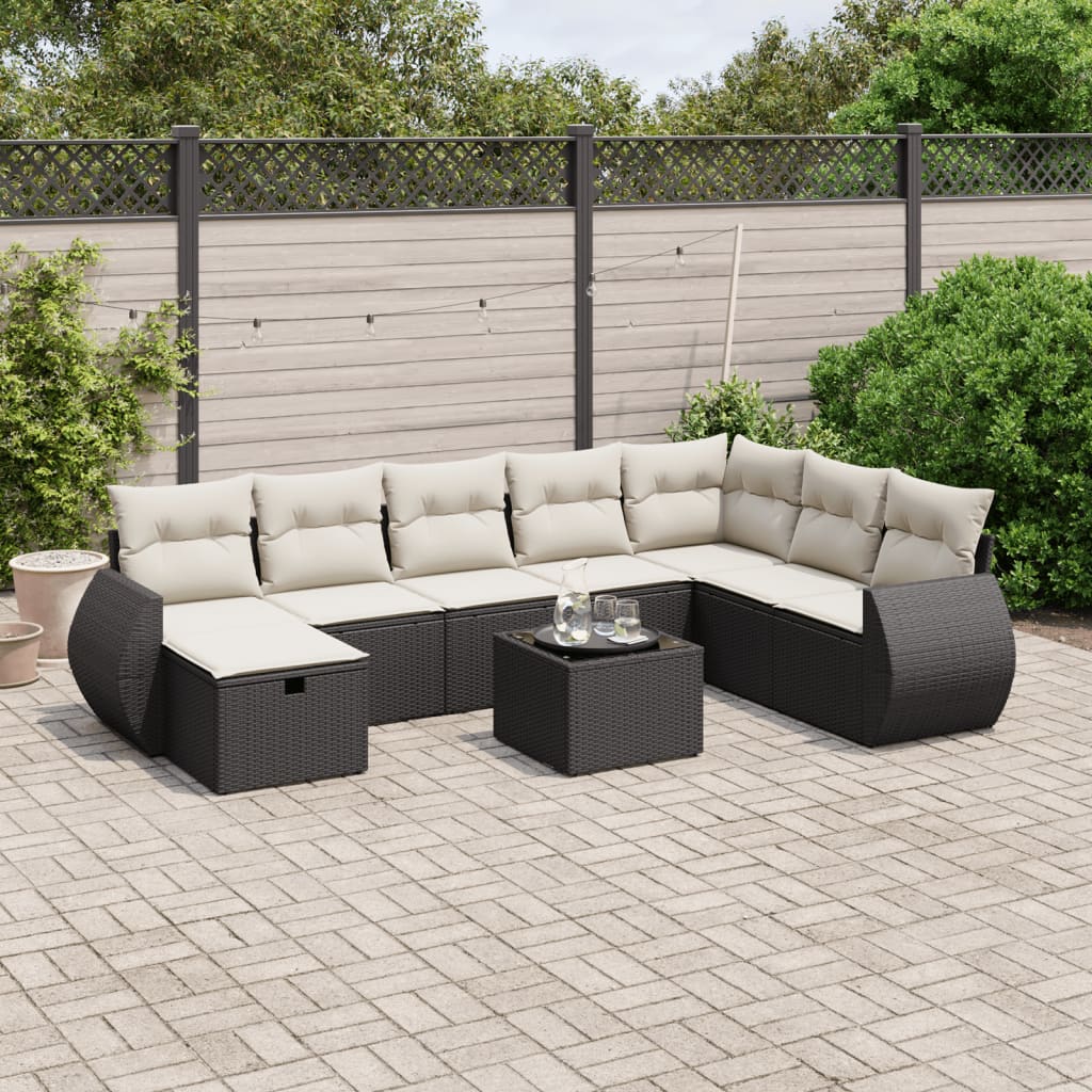 vidaXL 9-tlg. Garten-Sofagarnitur mit Kissen Schwarz Poly Rattan