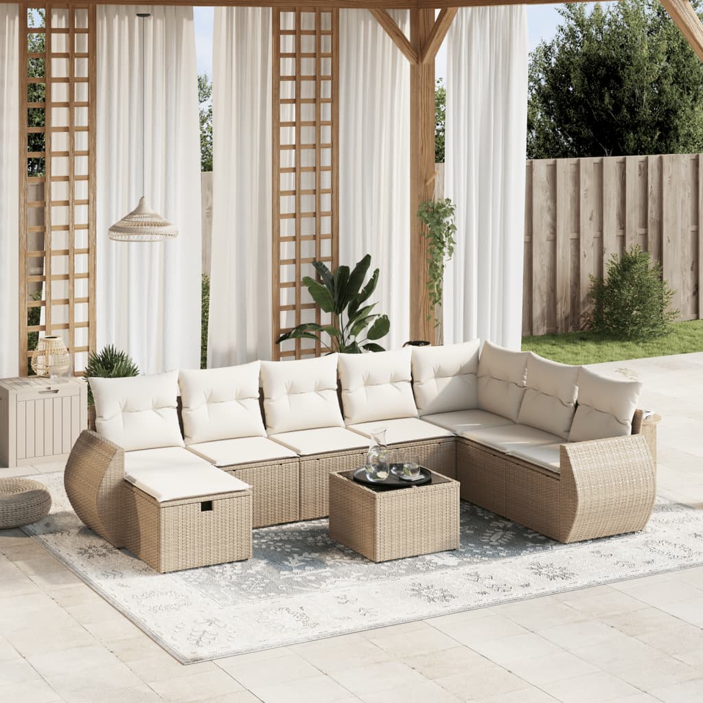 9-tlg. Garten-Sofagarnitur mit Kissen Beige Poly Rattan