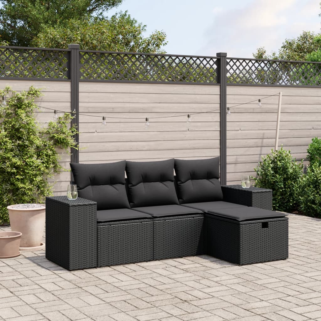 4-tlg. Garten-Sofagarnitur mit Kissen Schwarz Poly Rattan