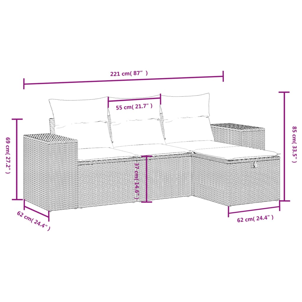 Set mobilier de grădină cu perne, 4 piese, negru, poliratan 3264372 - imagine 4