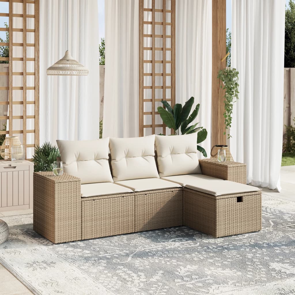 vidaXL 4 pcs conjunto de sofás para jardim c/ almofadões vime PE bege