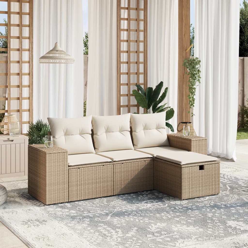 vidaXL 4-tlg. Garten-Sofagarnitur mit Kissen Beige Poly Rattan