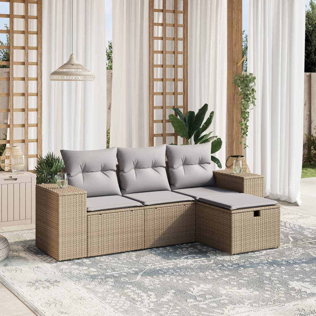 vidaXL 4-tlg. Garten-Sofagarnitur mit Kissen Beigemischung Poly Rattan