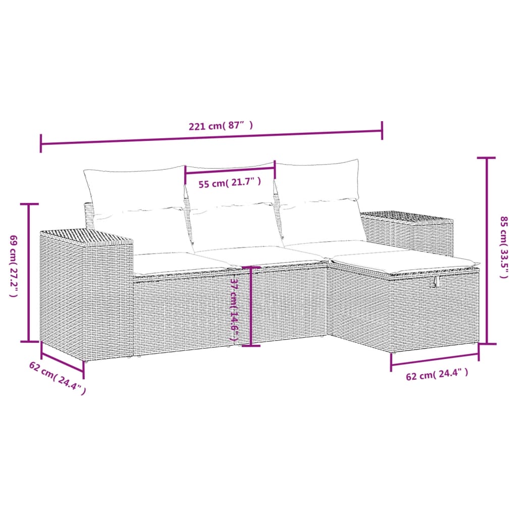 Set canapea de grădină cu perne, 4 piese, gri, poliratan 3264376 - imagine 4