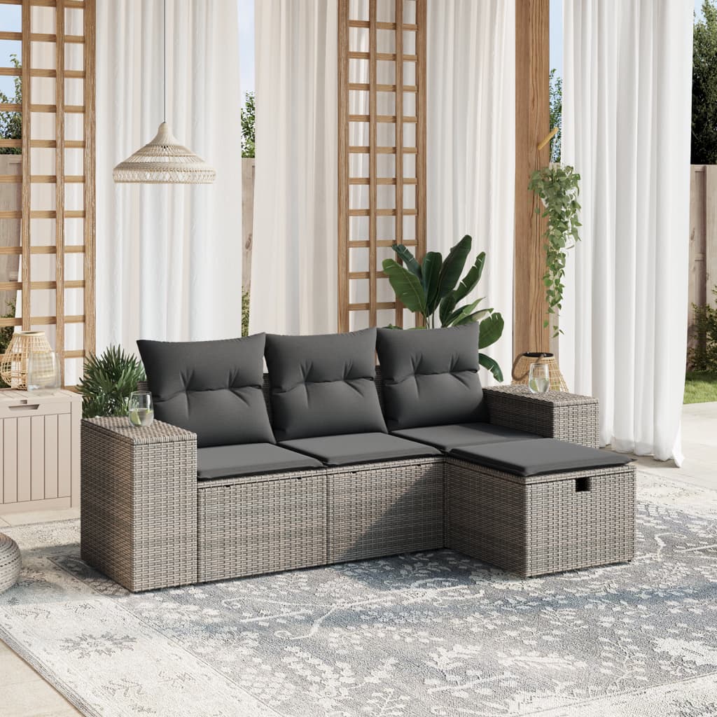 vidaXL 4-tlg. Garten-Sofagarnitur mit Kissen Grau Poly Rattan