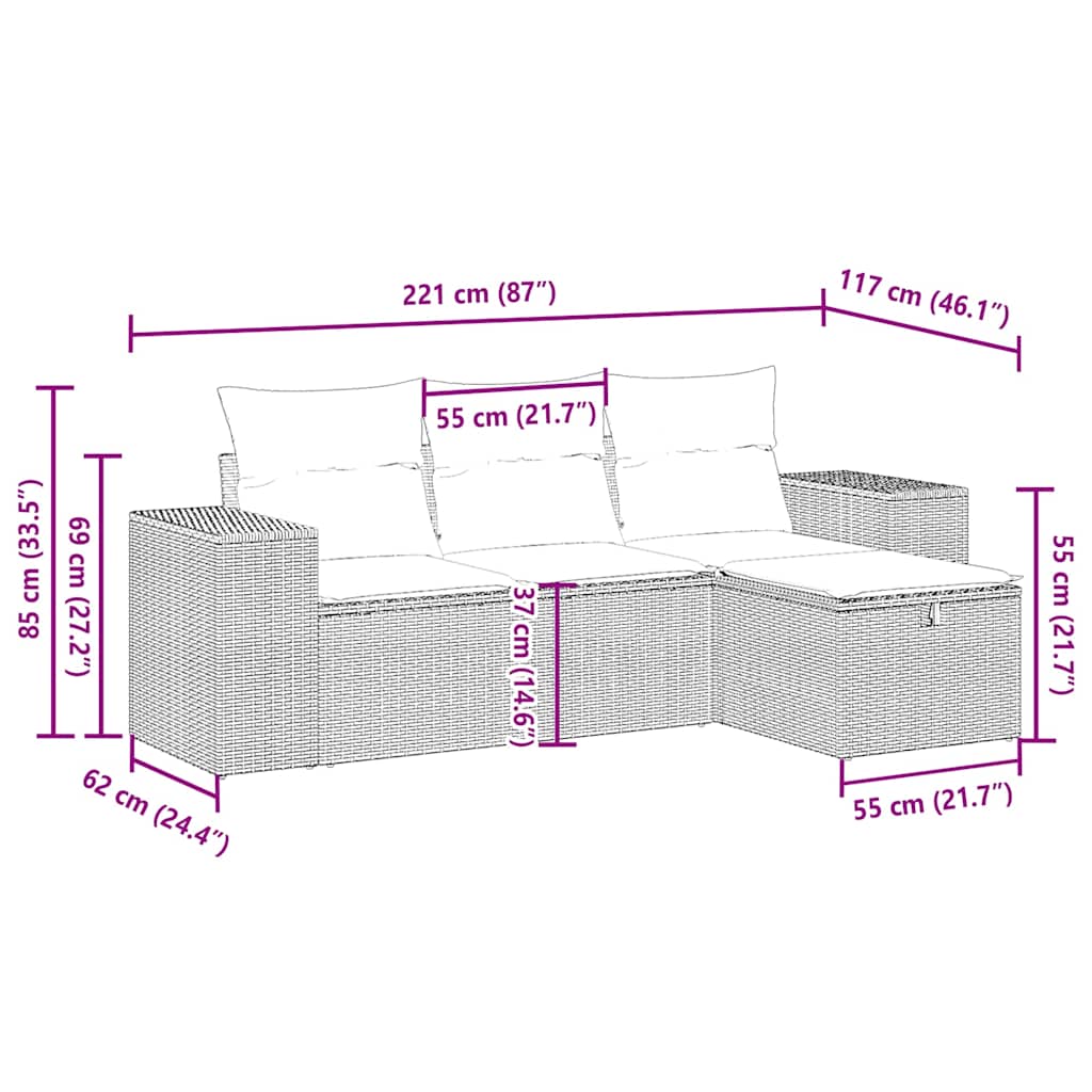 Set canapea de grădină cu perne, 4 piese, gri deschis poliratan 3264378 - imagine 4