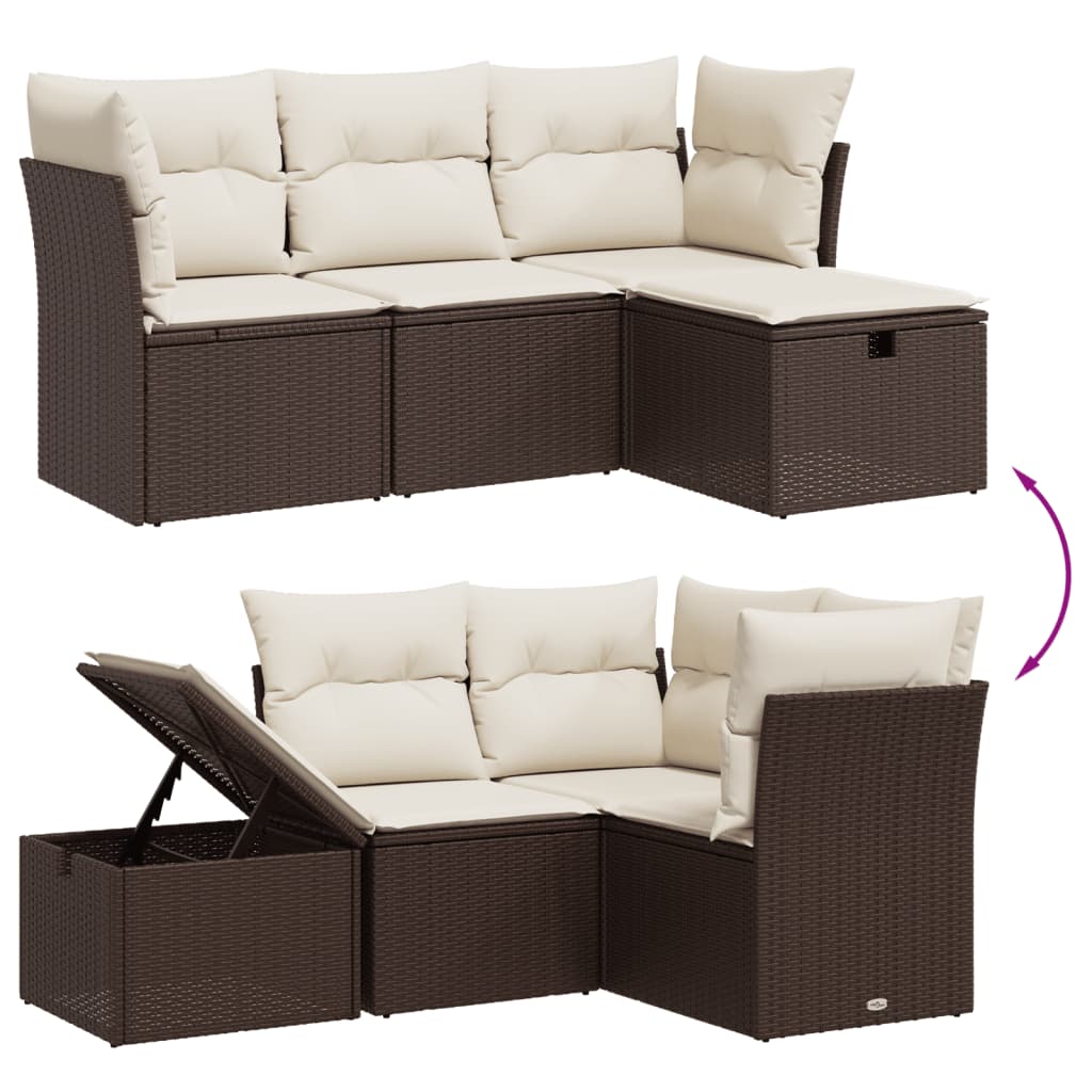 vidaXL 4-delige Loungeset met kussens poly rattan bruin