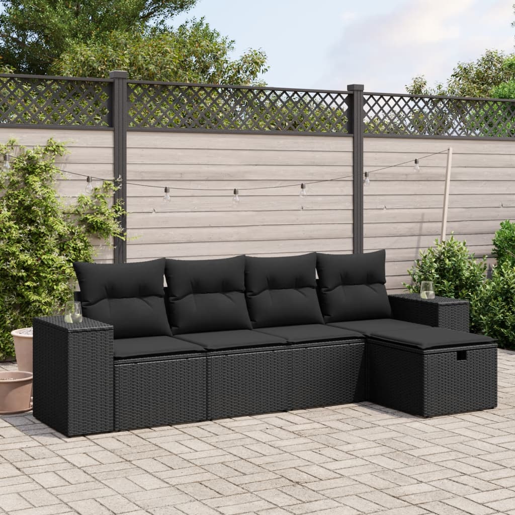 vidaXL 5-tlg. Garten-Sofagarnitur mit Kissen Schwarz Poly Rattan