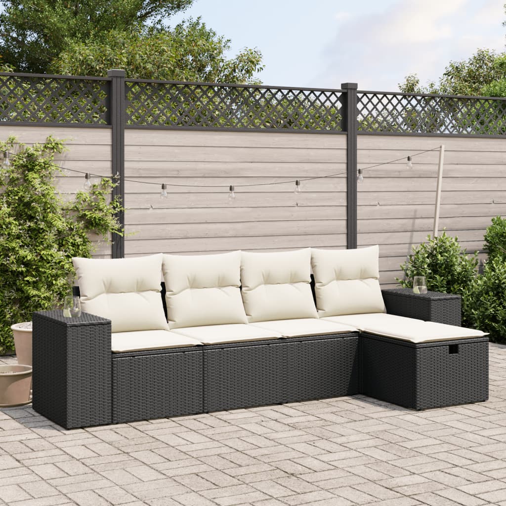 5-tlg. Garten-Sofagarnitur mit Kissen Schwarz Poly Rattan