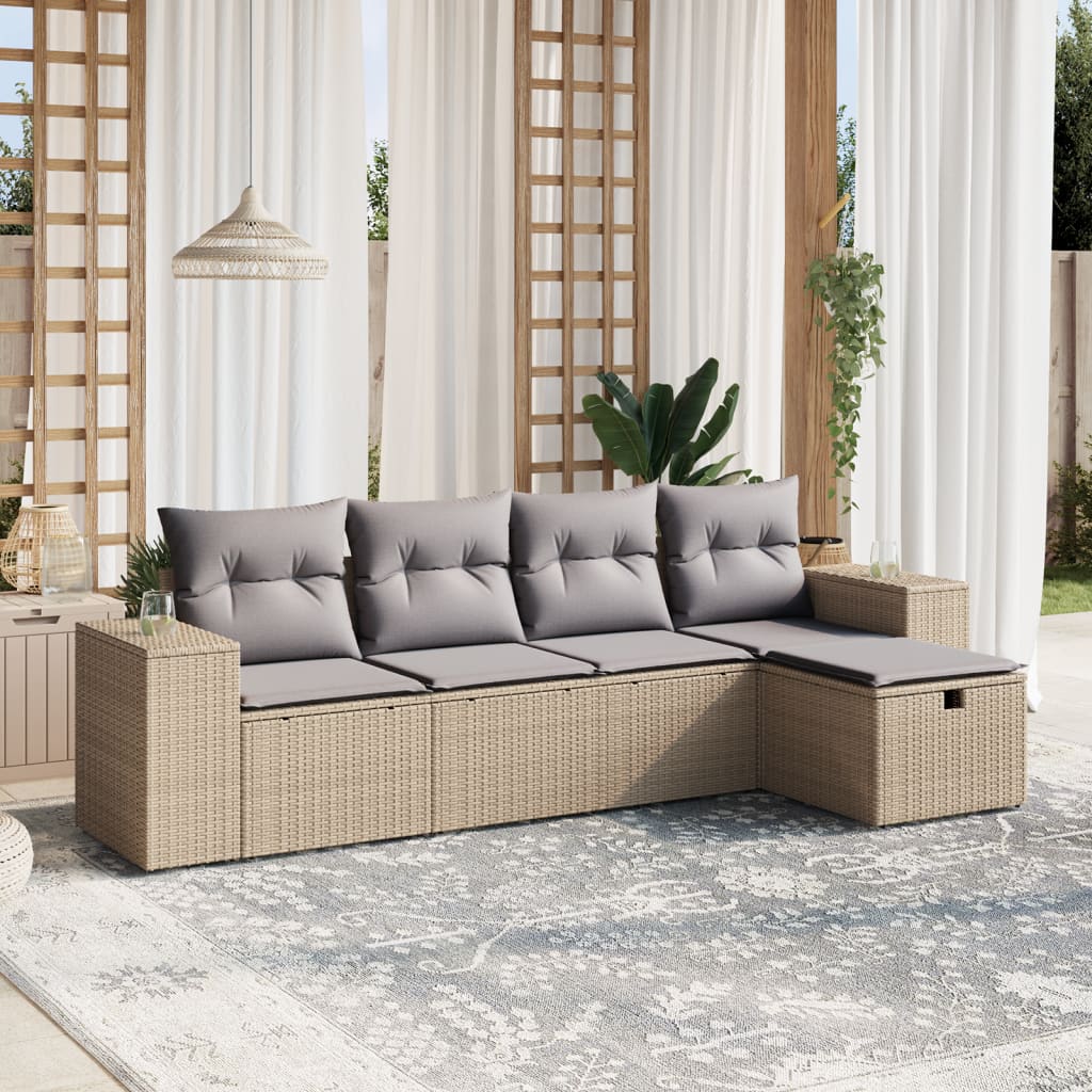 vidaXL 5-tlg. Garten-Sofagarnitur mit Kissen Beige Poly Rattan