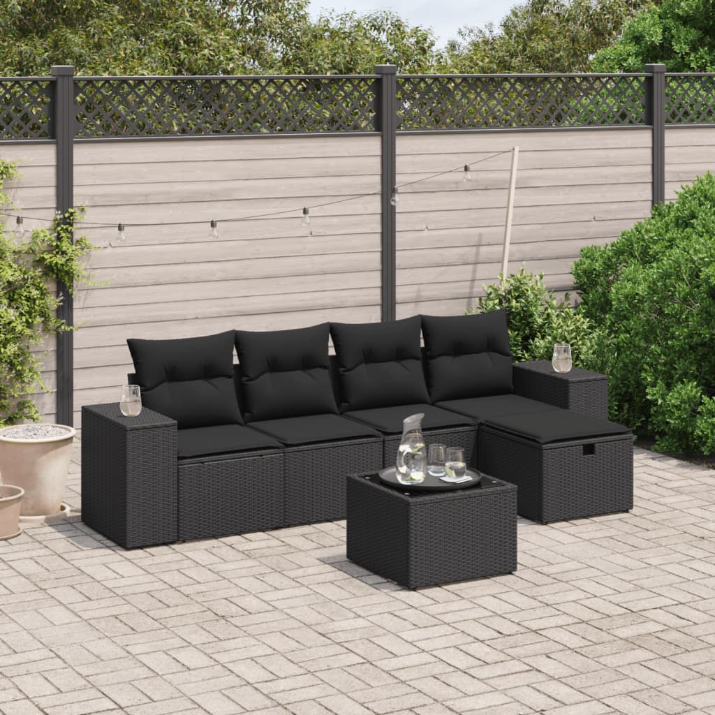 vidaXL 6-tlg. Garten-Sofagarnitur mit Kissen Schwarz Poly Rattan