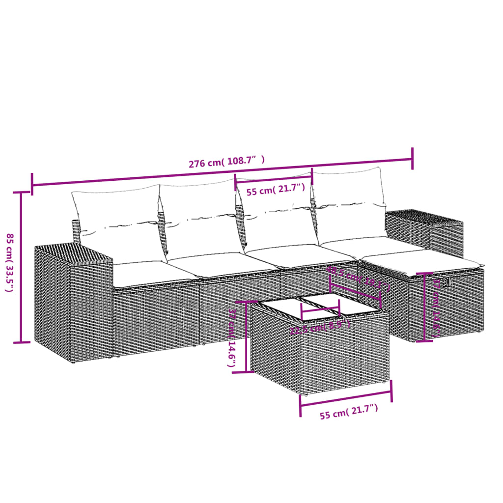 Set mobilier de grădină cu perne, 6 piese, negru, poliratan 3264402 - imagine 4