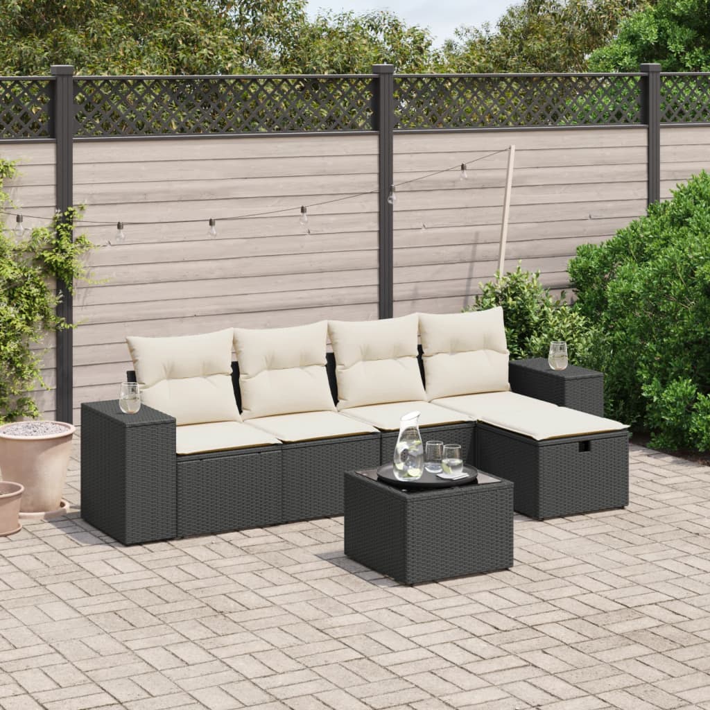 vidaXL 6-tlg. Garten-Sofagarnitur mit Kissen Schwarz Poly Rattan