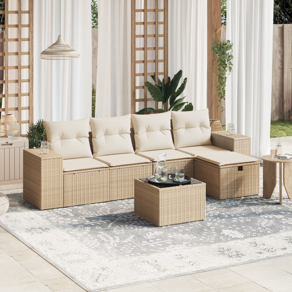 vidaXL 6-tlg. Garten-Sofagarnitur mit Kissen Beige Poly Rattan