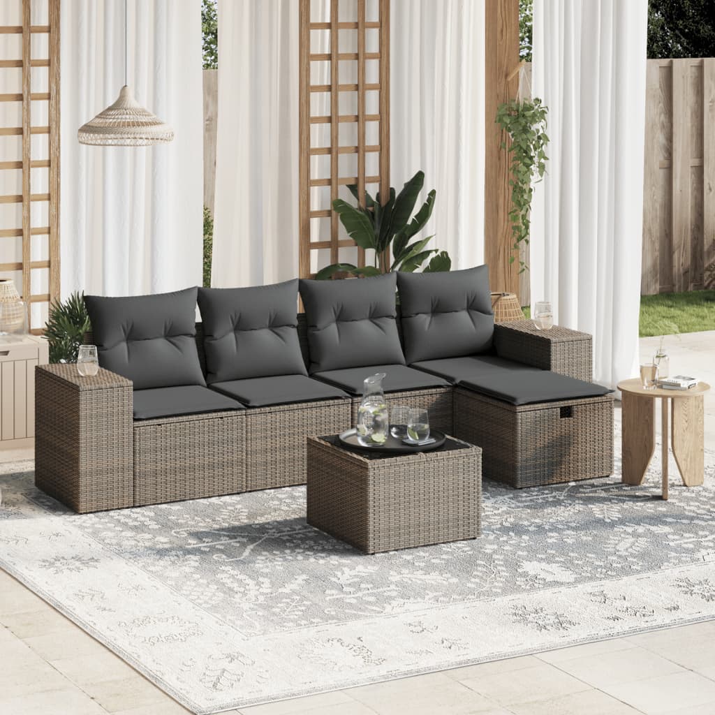 6 Piece Patio Sofa Set with Cushions Gray Poly Rattan
