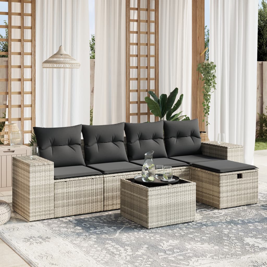 6-tlg. Garten-Sofagarnitur mit Kissen Hellgrau Poly Rattan