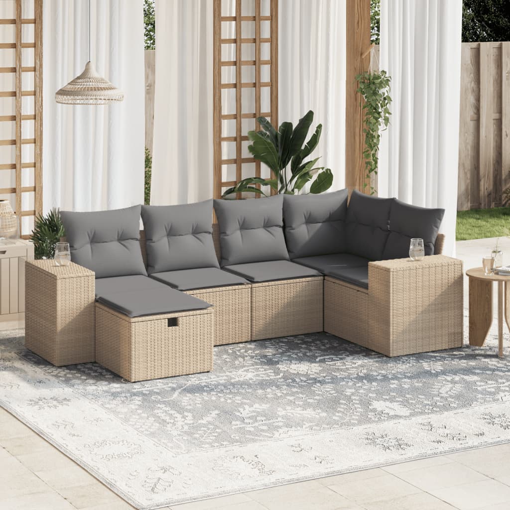 vidaXL 6-tlg. Garten-Sofagarnitur mit Kissen Beige Poly Rattan