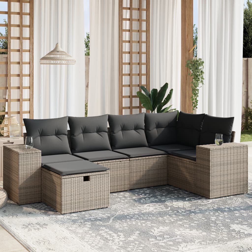 vidaXL 6-tlg. Garten-Sofagarnitur mit Kissen Grau Poly Rattan