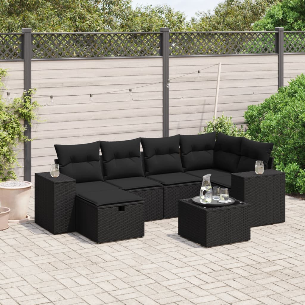 7-tlg. Garten-Sofagarnitur mit Kissen Schwarz Poly Rattan