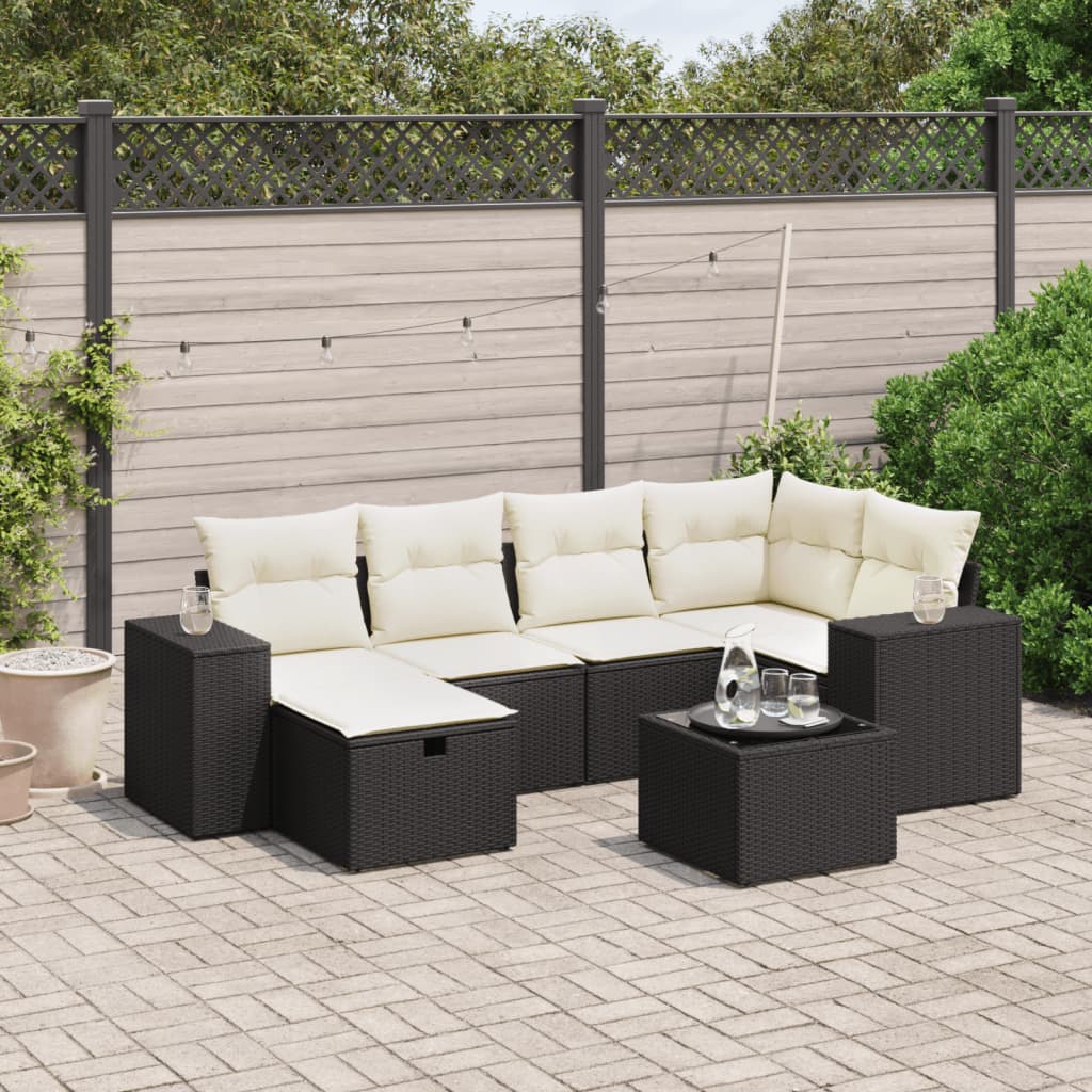 vidaXL 7-tlg. Garten-Sofagarnitur mit Kissen Schwarz Poly Rattan