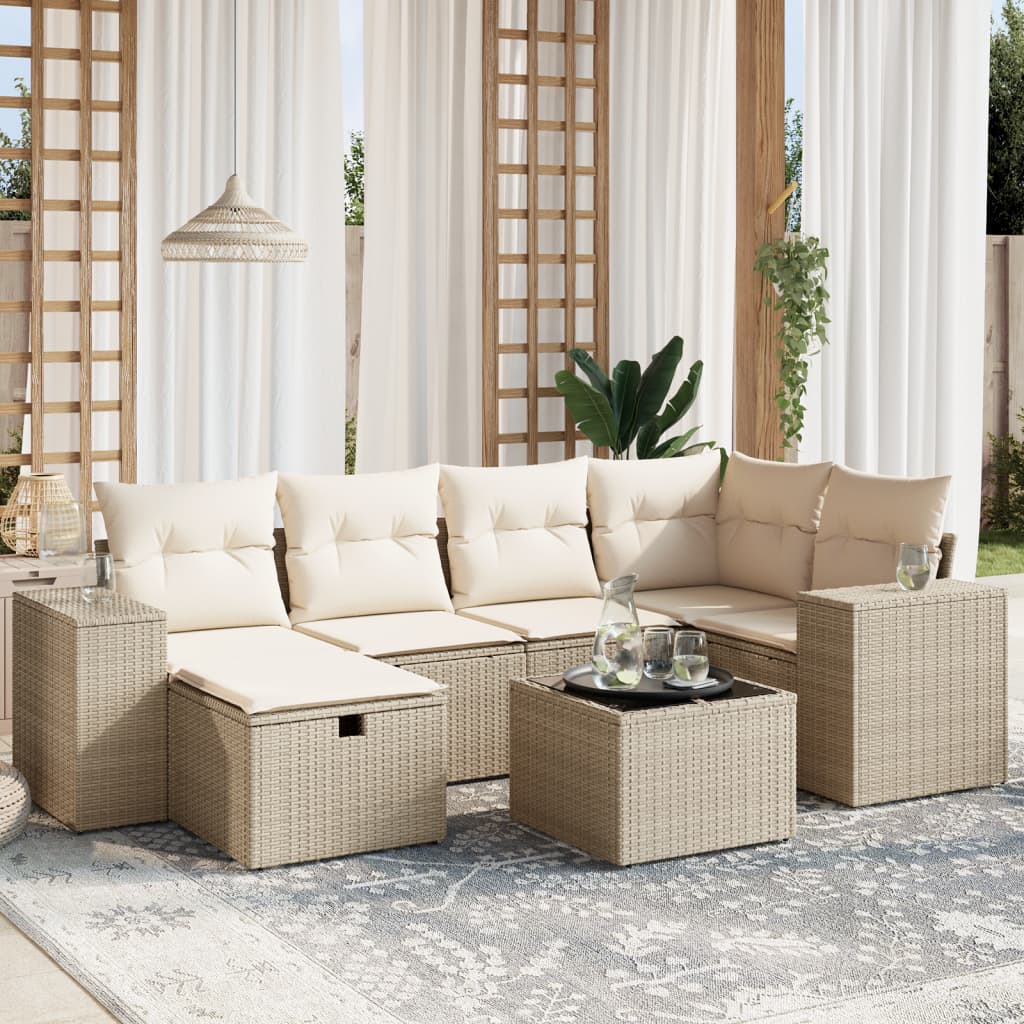 7-tlg. Garten-Sofagarnitur mit Kissen Beige Poly Rattan