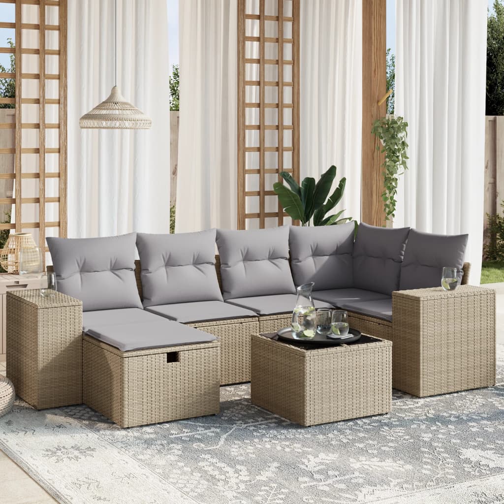 vidaXL 7-tlg. Garten-Sofagarnitur mit Kissen Beige Poly Rattan