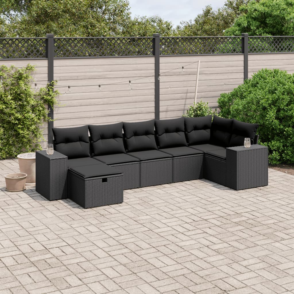 vidaXL 7-tlg. Garten-Sofagarnitur mit Kissen Schwarz Poly Rattan