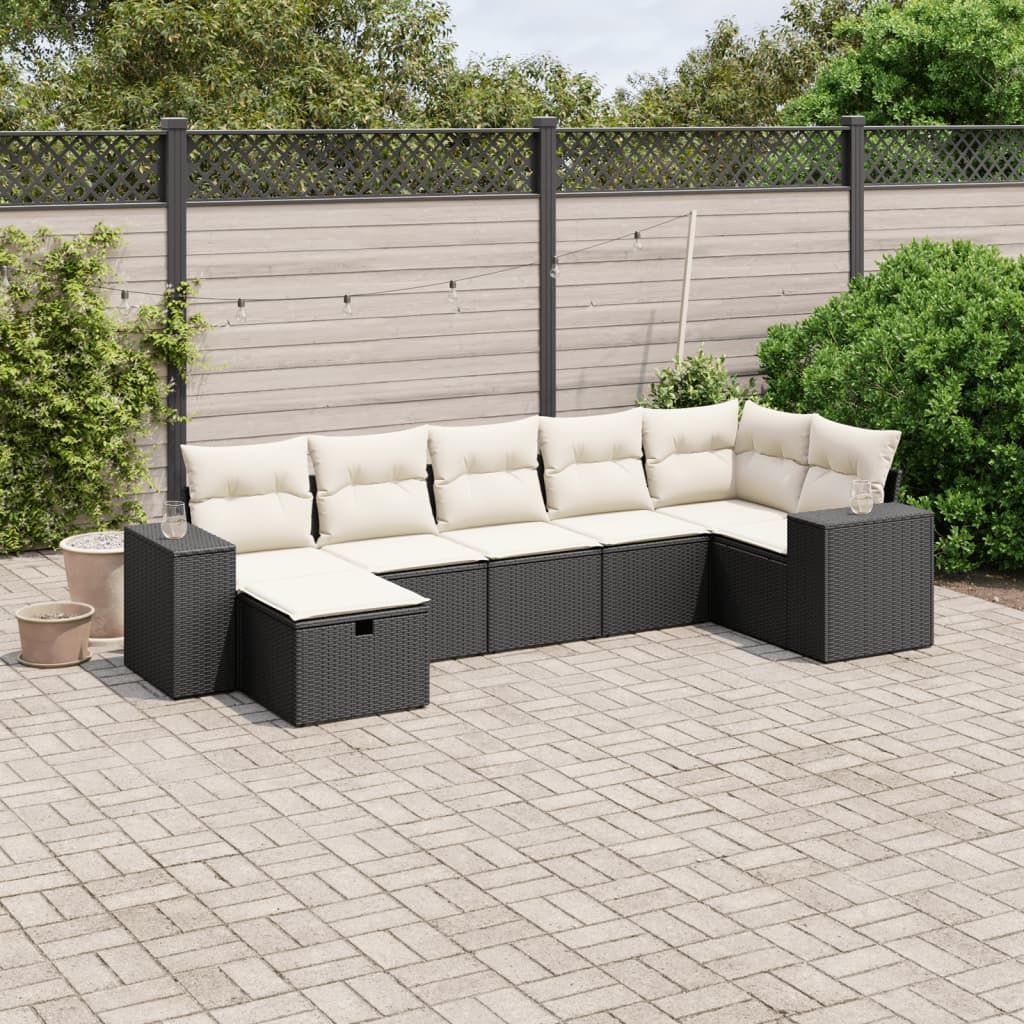 7-tlg. Garten-Sofagarnitur mit Kissen Schwarz Poly Rattan