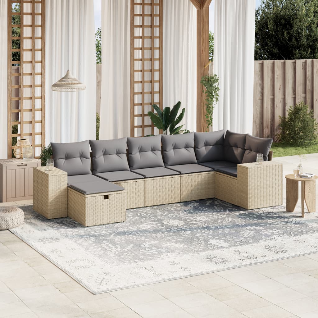 vidaXL 7-tlg. Garten-Sofagarnitur mit Kissen Beige Poly Rattan