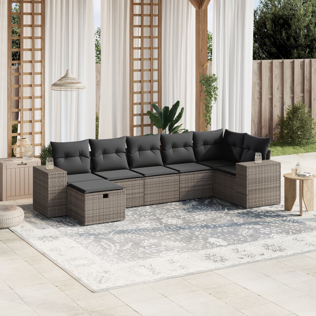 vidaXL 7-tlg. Garten-Sofagarnitur mit Kissen Grau Poly Rattan