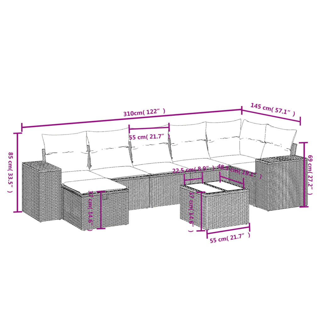 Set mobilier de grădină cu perne, 8 piese, negru, poliratan 3264442 - imagine 4