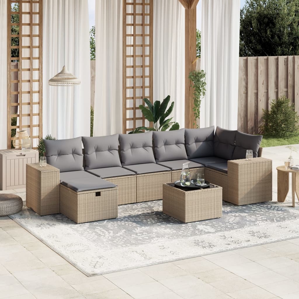 vidaXL 8-tlg. Garten-Sofagarnitur mit Kissen Beige Poly Rattan